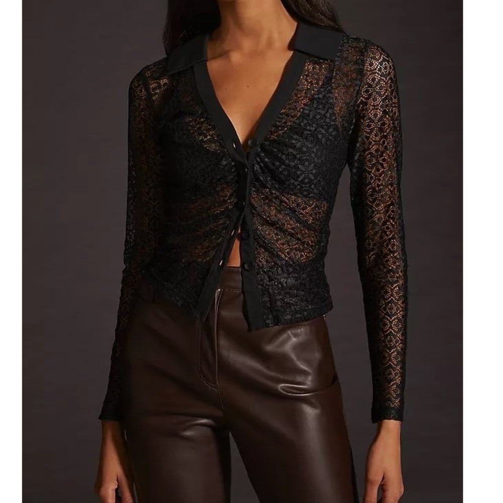 Maeve Anthropologie Black Sheer Lace Button Front Top S Whimsigoth Layering Fall